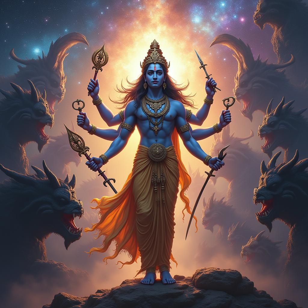 Lord Vishnu in Galaxy of Demons: Digital Art