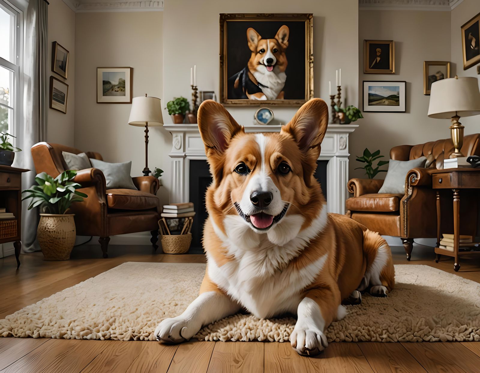 Giant Corgi Dominates Living Room in Hyperrealism