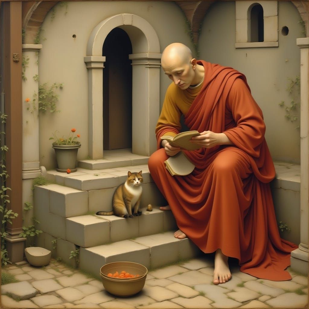Monk Studying with Cat in Medieval Setting