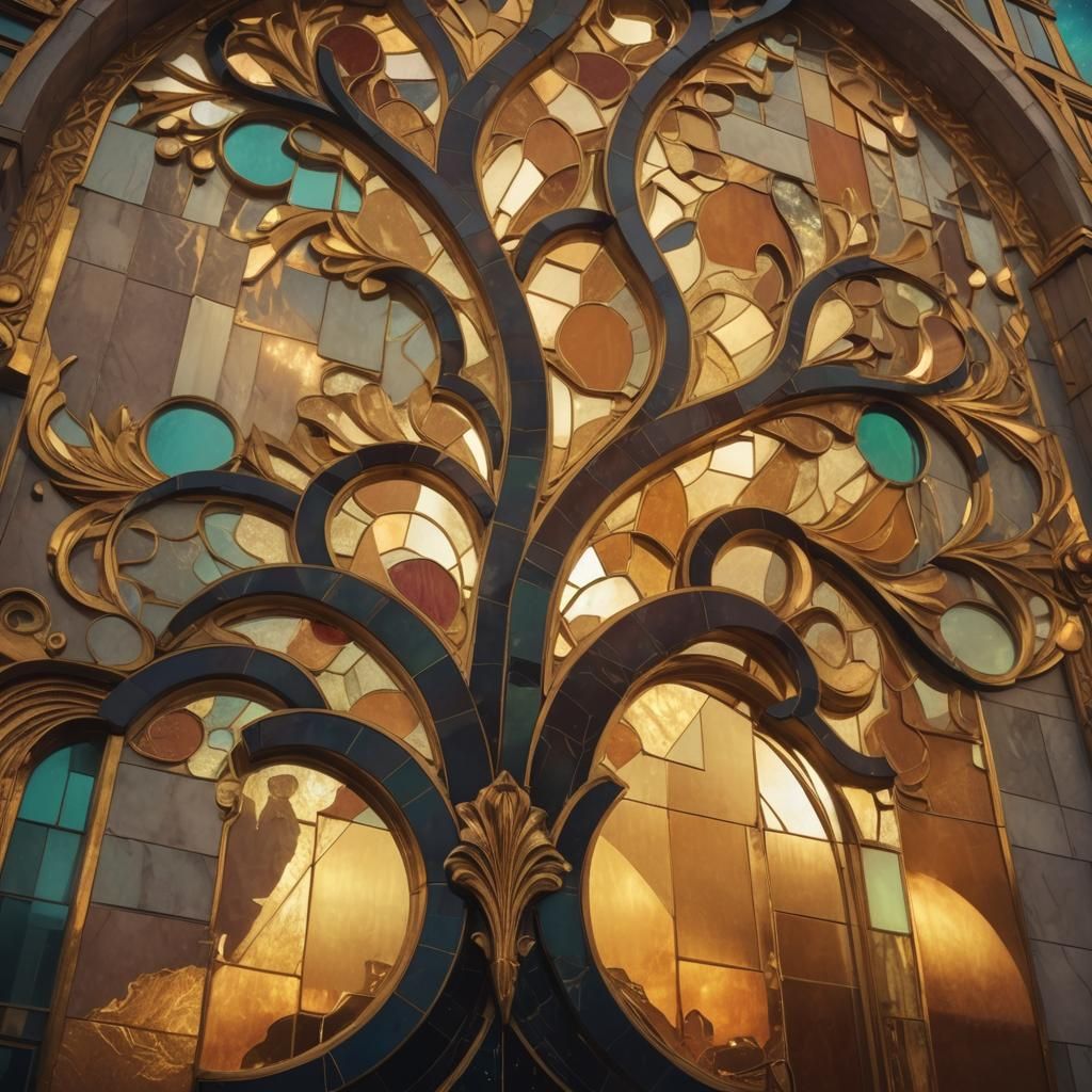 Art Deco Building with Geometric Shapes and Cosmic Glow