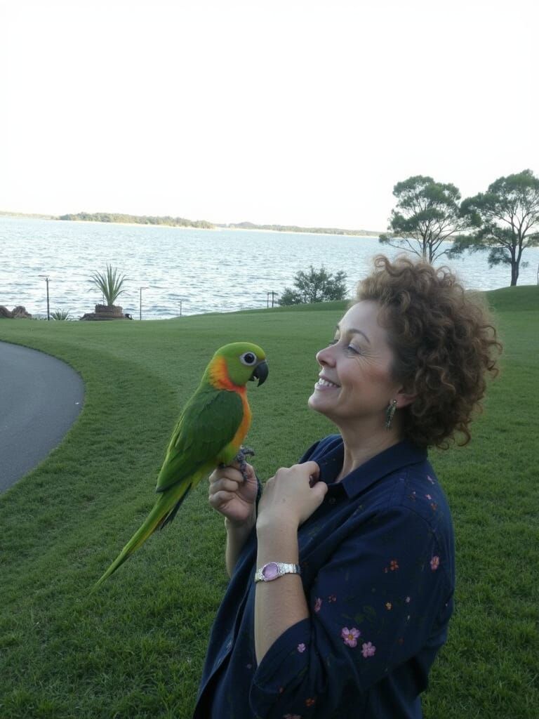 Woman in Vibrant Floral Dress Surrounded by Tropical Greener...