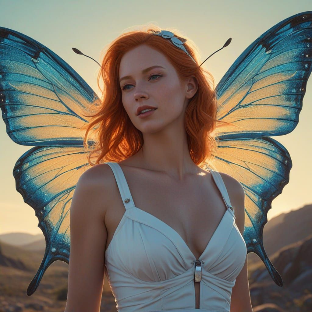 Futuristic Pinup Faerie in White Sundress with Butterfly Win...