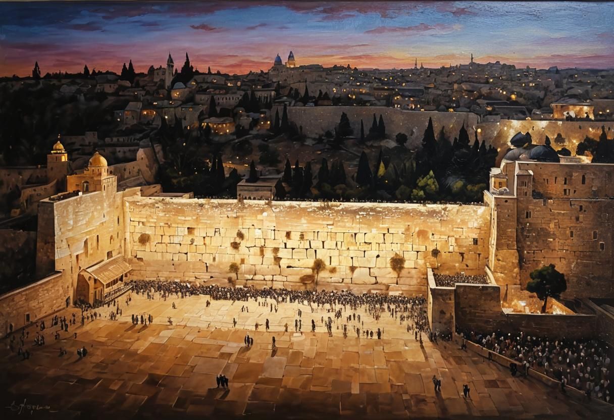 Western Wall Sunrise: Oil Painting with Gold Foil