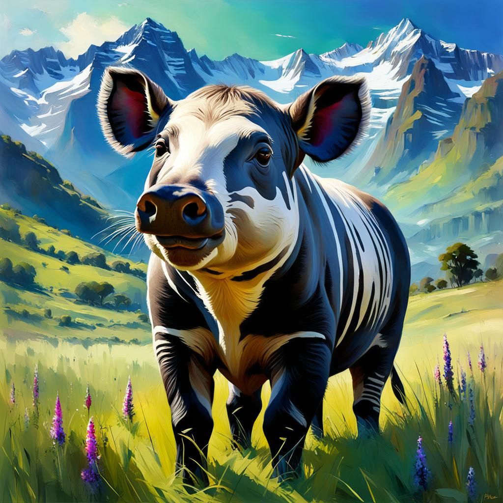 American Tapir in Meadow as Oil Painting