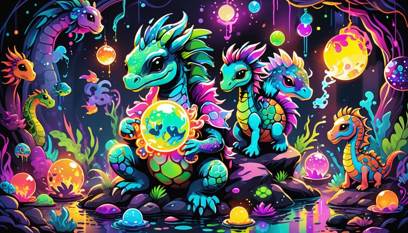 Neon Ink Splatter Art: Iridescent Orb and Creatures
