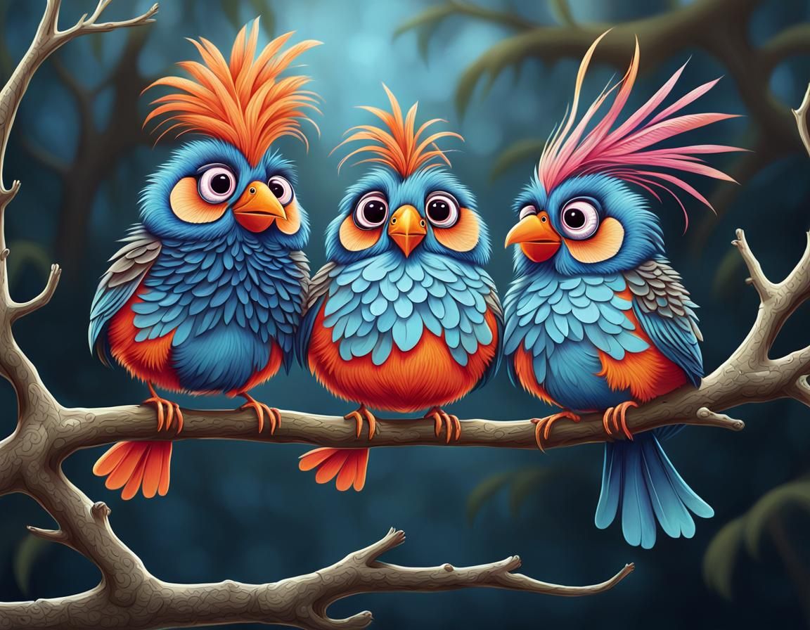 Whimsical Illustration of Quirky Colorful Birds on a Branch