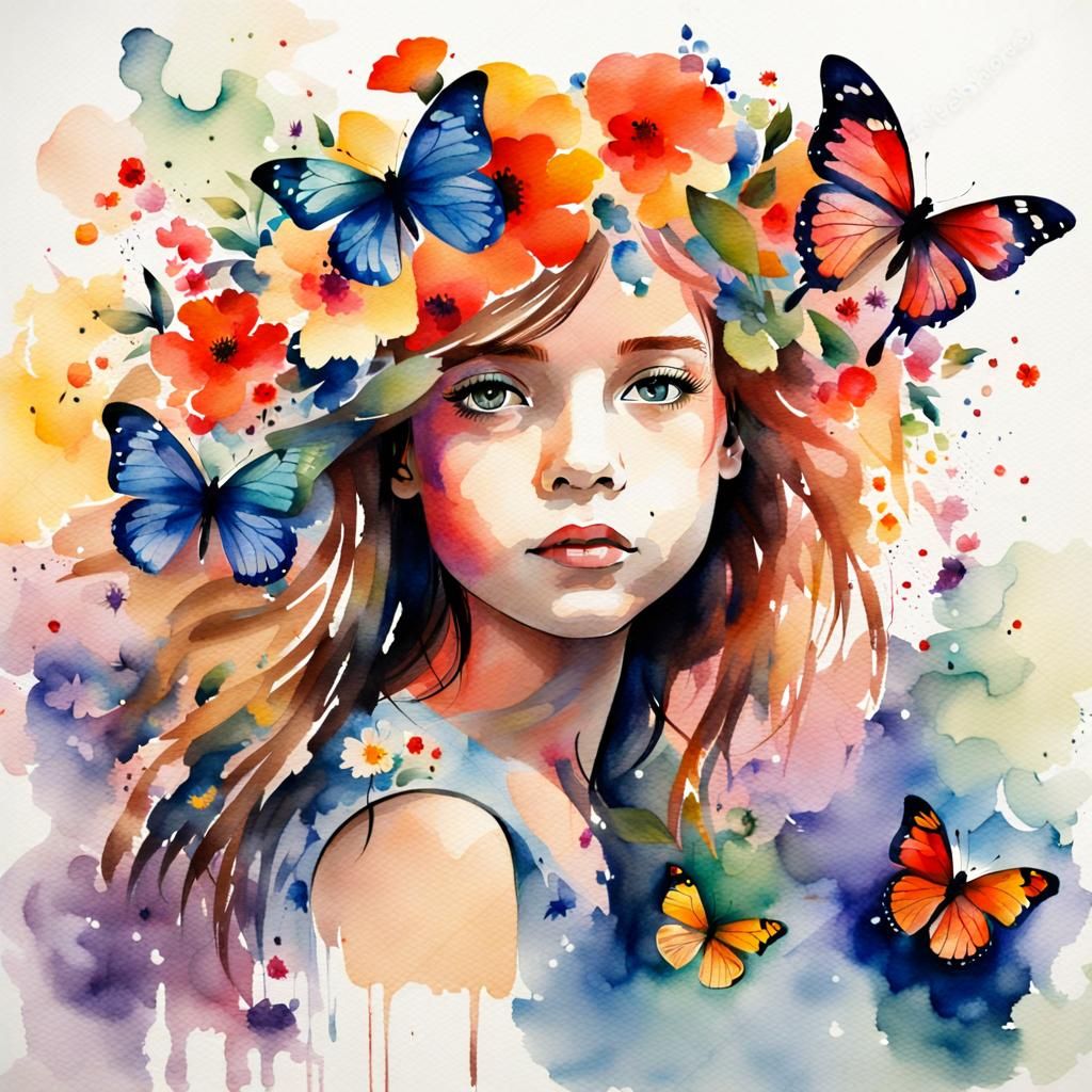 Girl with Butterfly Hair, Watercolor Painting