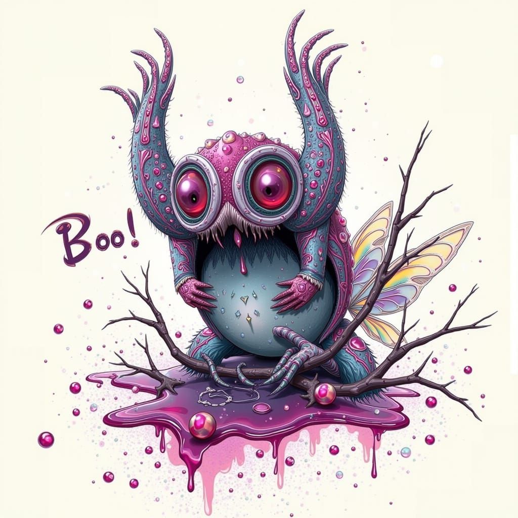 Whimsical Ink Creature Writes Boo in Dreamlike Scene
