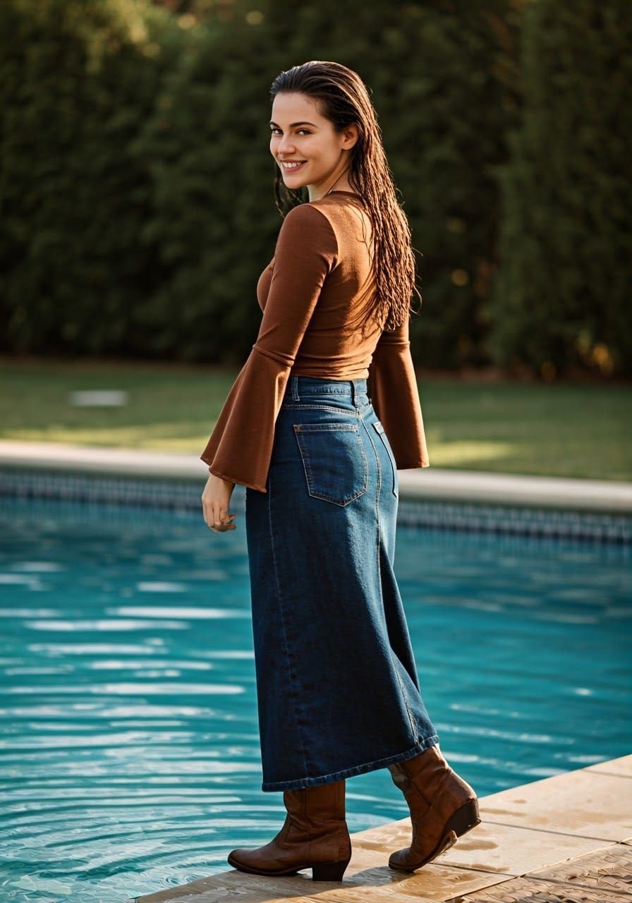 Woman in Denim Skirt at Pool, Cinematic Film Still