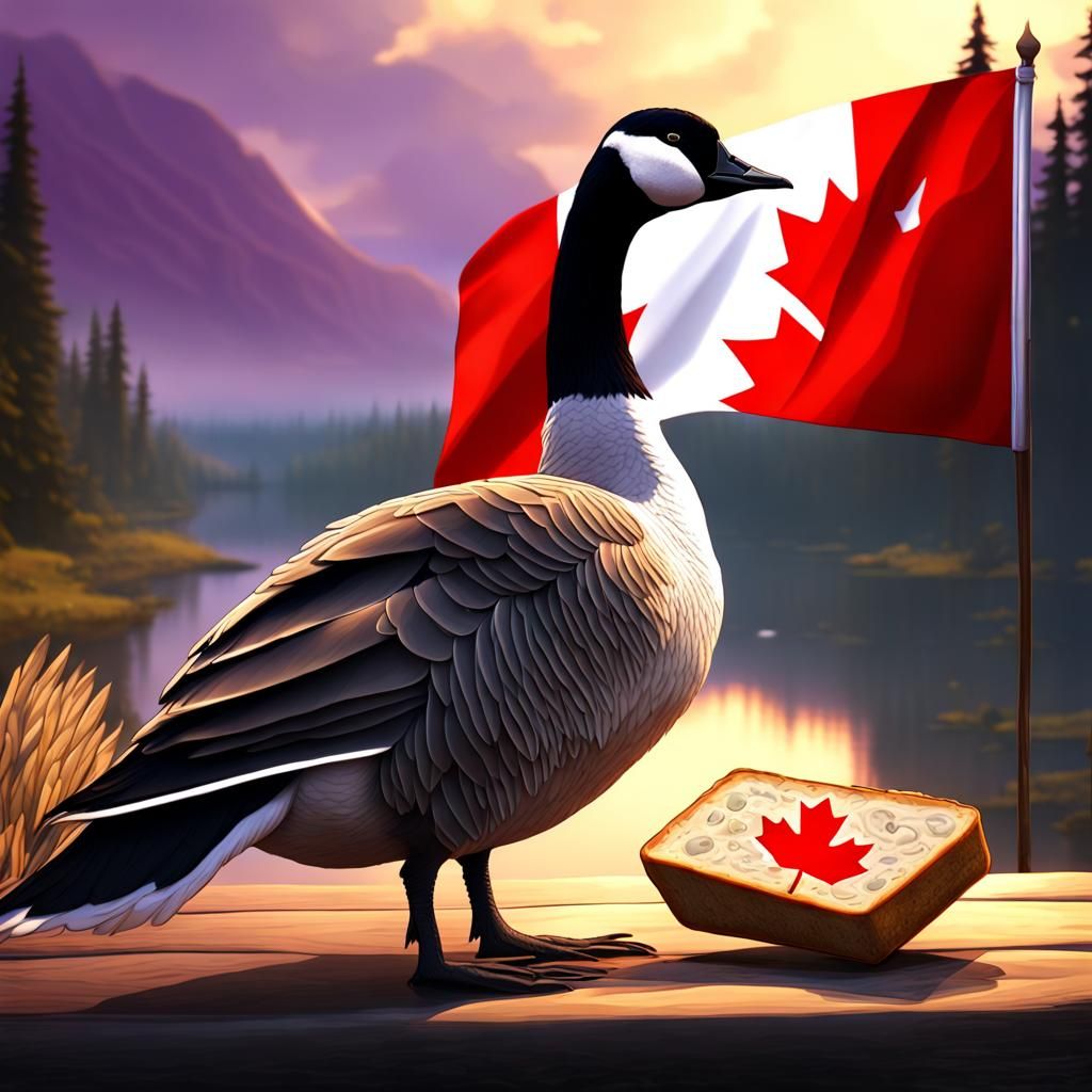 Canadian Goose with Bread and Flag, Detailed Digital Art