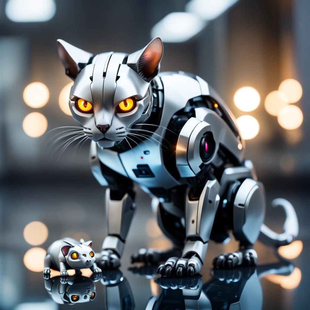 Robotic Cat Protecting Mouse in Mirror Room