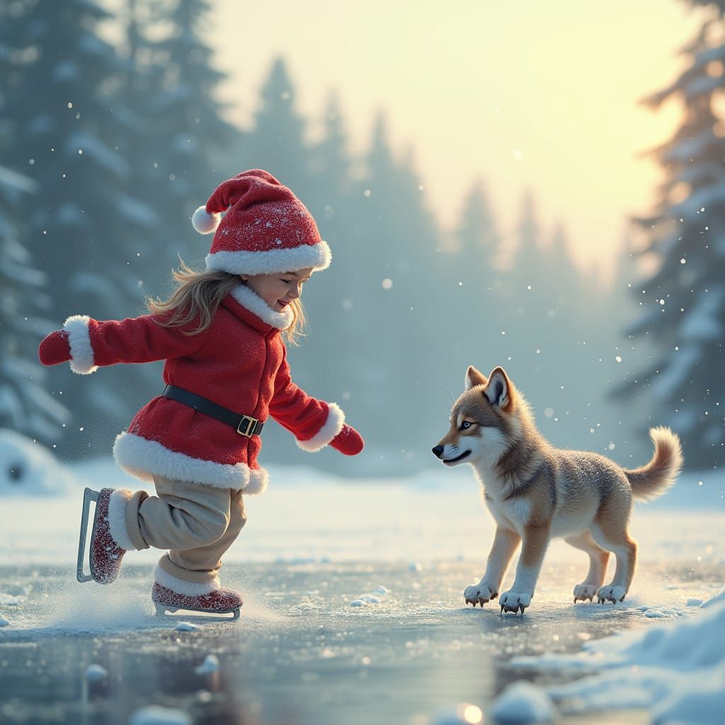 criança bebê vestido de papai noel patinando na neve com um lobo filhote brincando