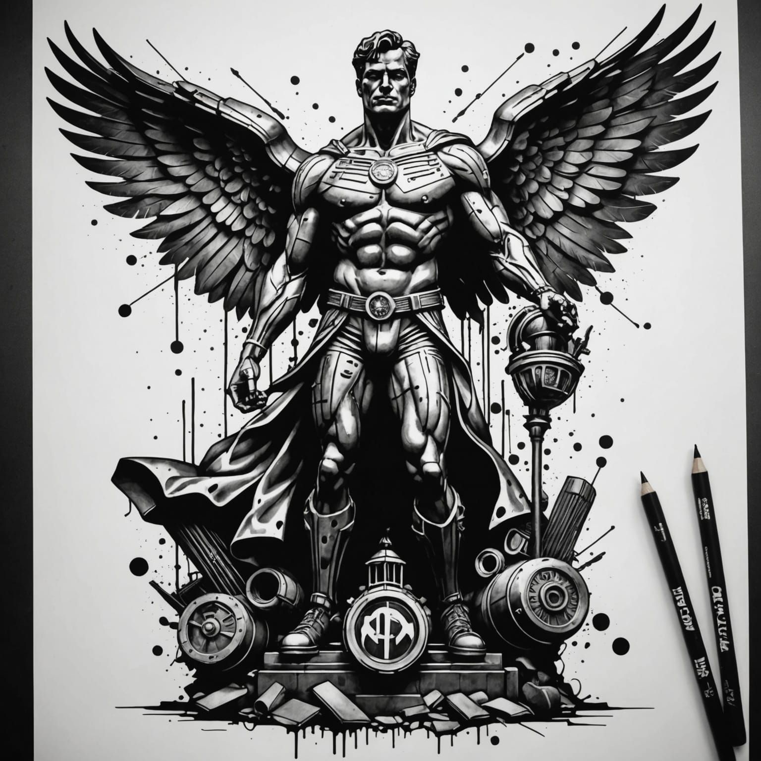 Spirit of Detroit Tattoo in Trash Polka Style