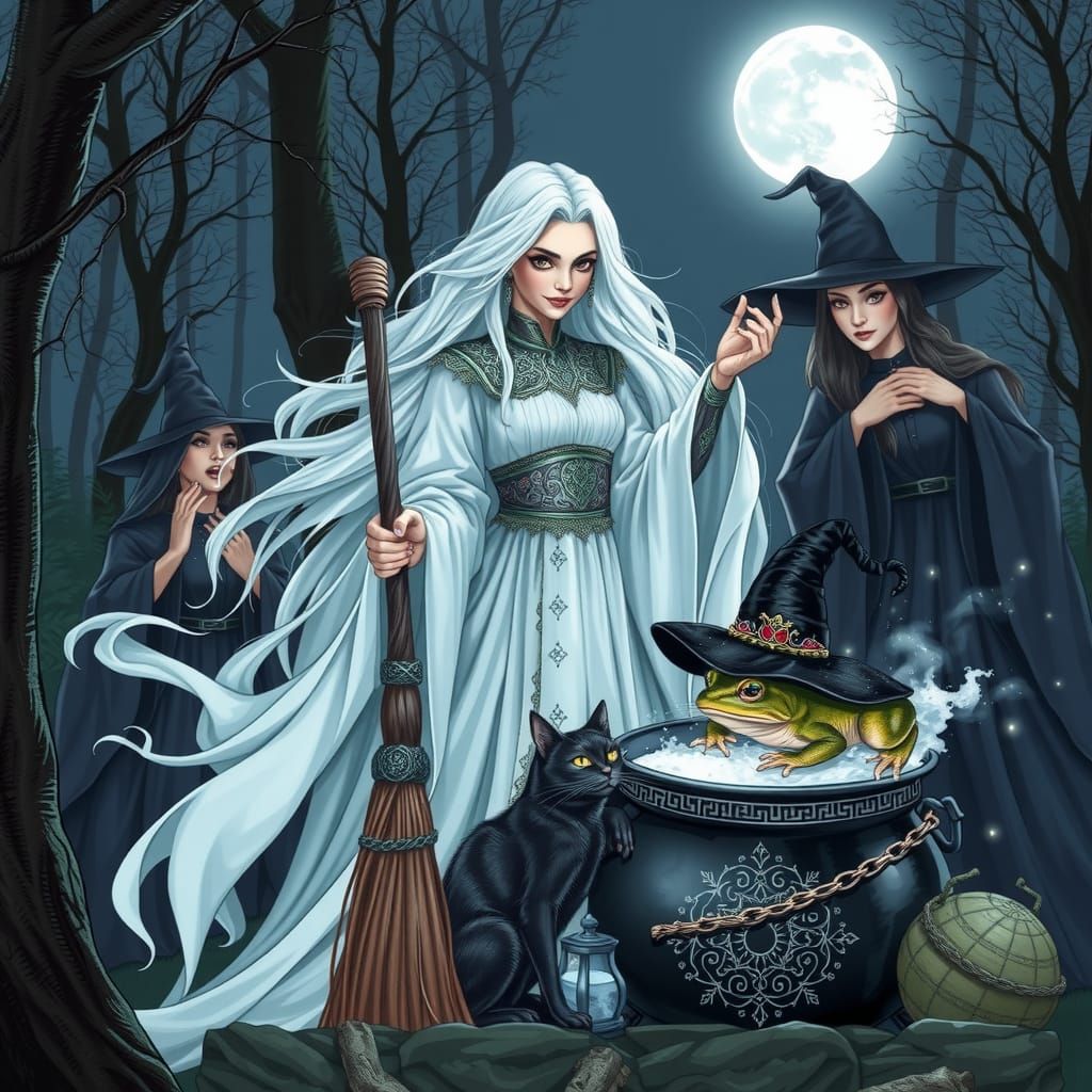 Moonlit Witches Coven with White Witch and Familiar