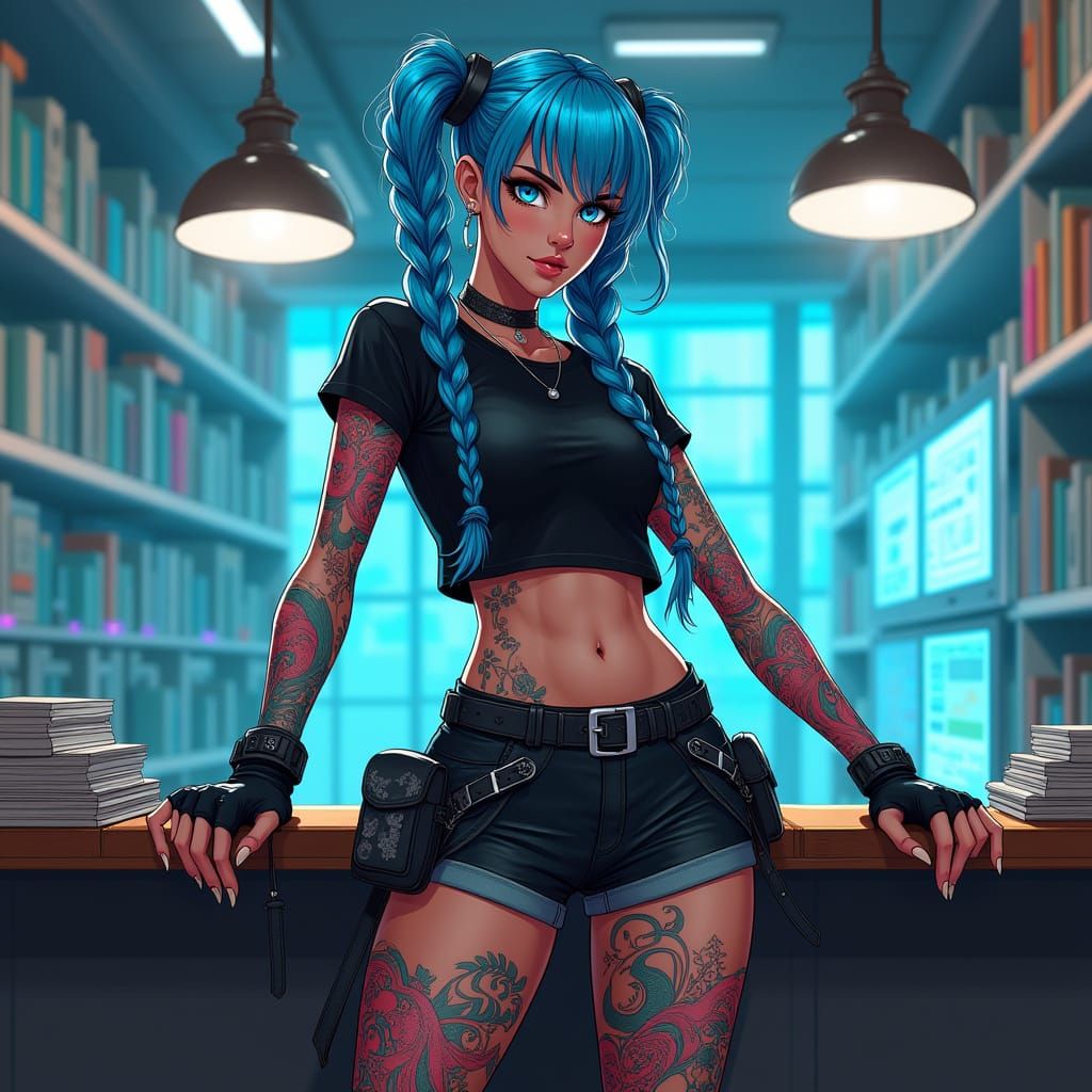 Rebellious Librarian in Cyberpunk Library