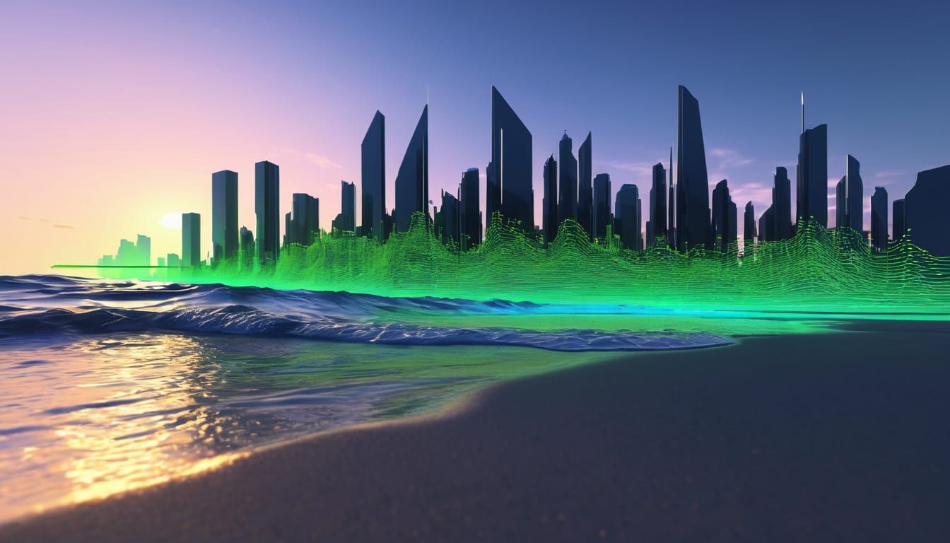 Futuristic Cityscape to Beach Sunset Digital Matte Painting