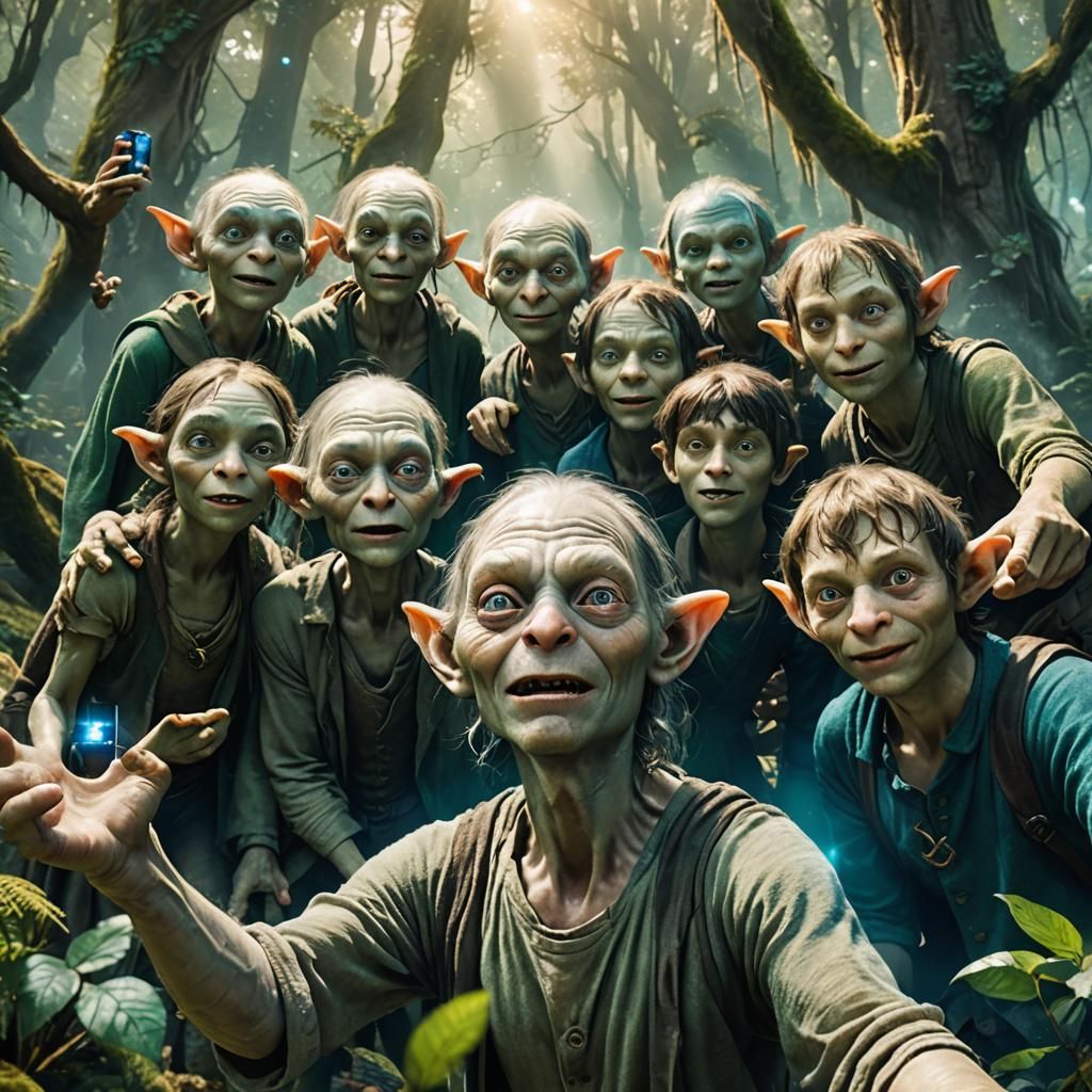 Gollum and Elves Selfie in Mystical Forest