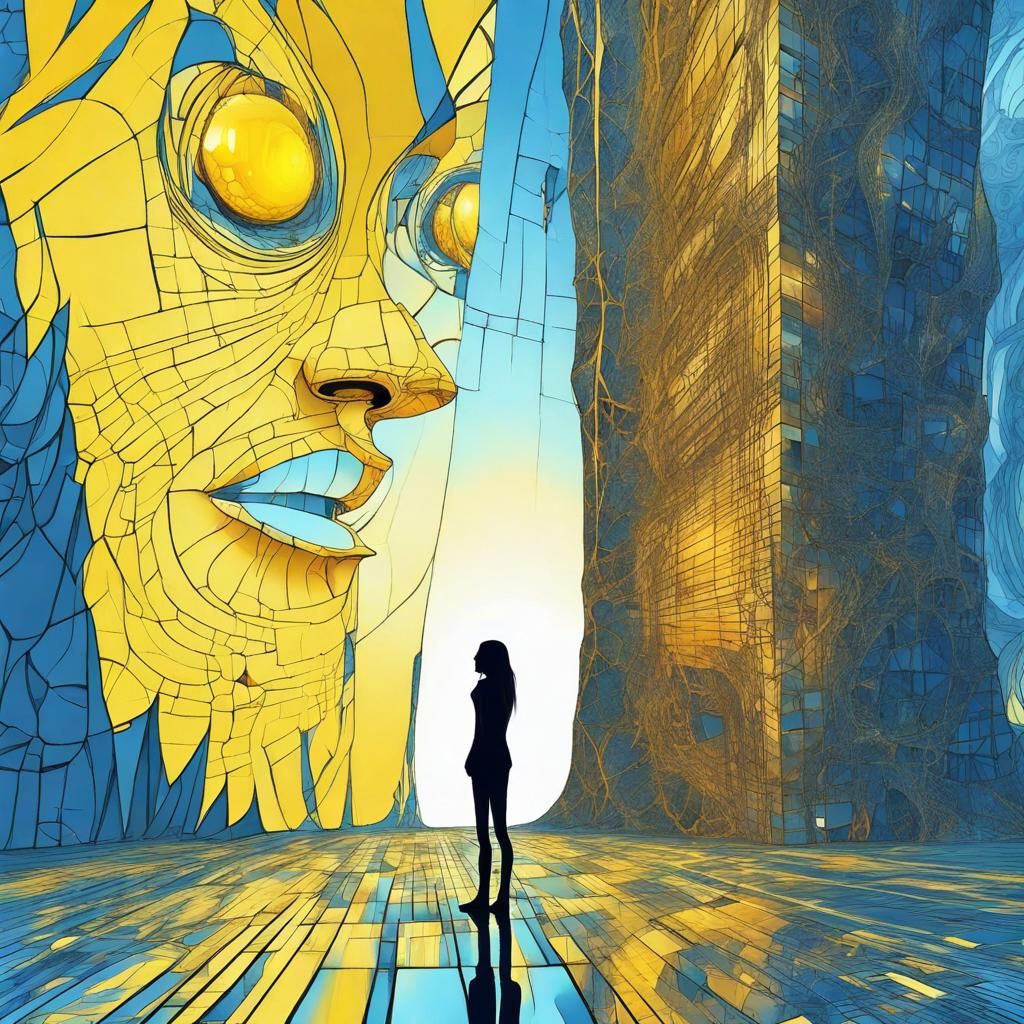 Apocalyptic Skyscraper Face in Yellow and Blue