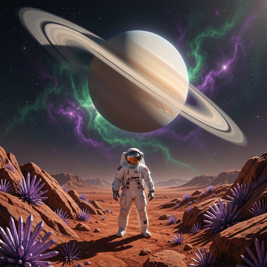 Astronaut Gazes at Ringed Planet on Alien World