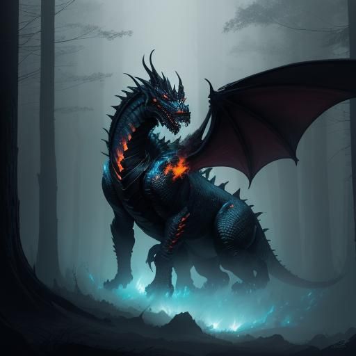 Epic Black Dragon Breathing Fire in Dark Forest