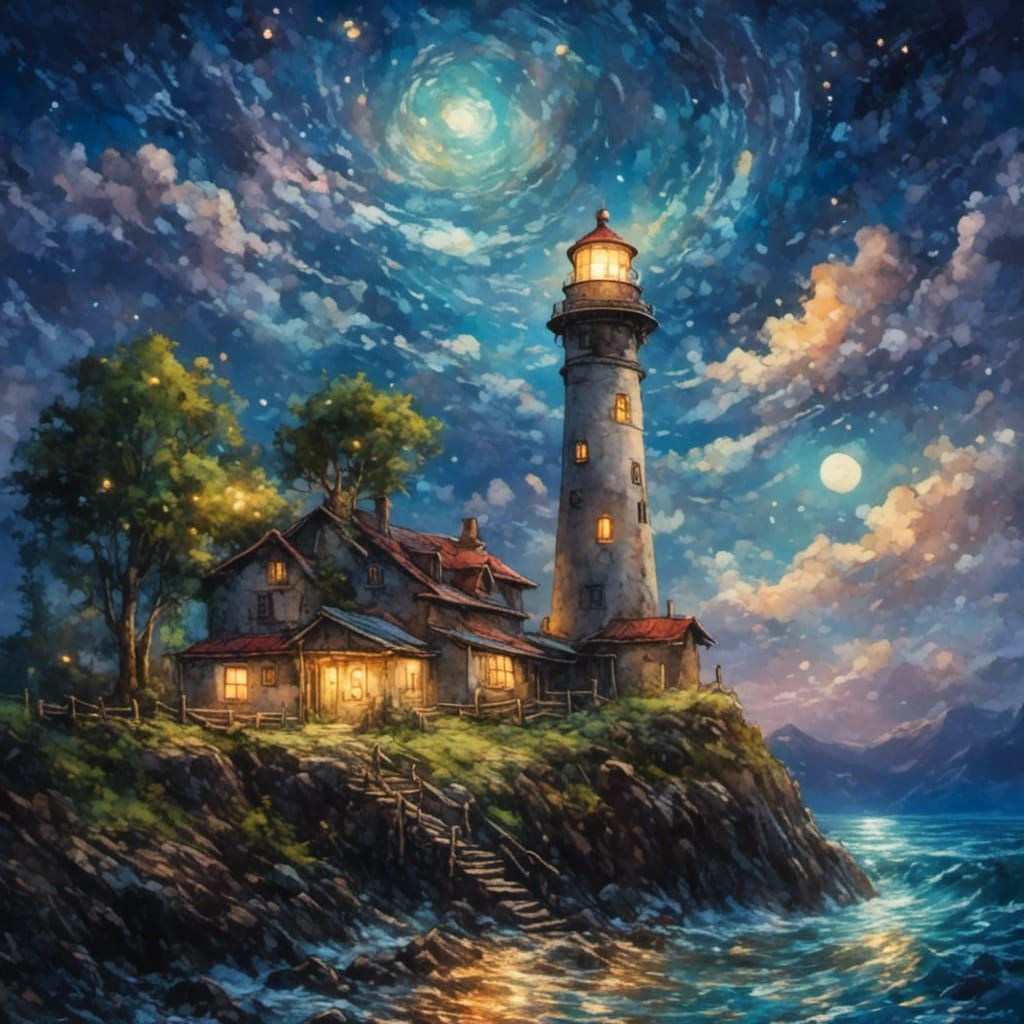 Lighthouse in Night with Unique Artistic Style