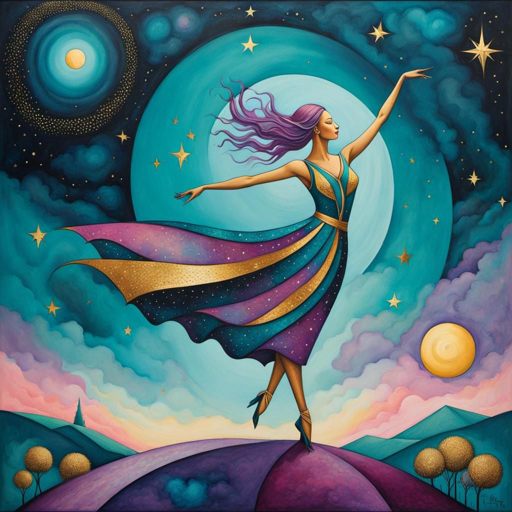 Cosmic Dancer in Gouache Style Impressionist Night