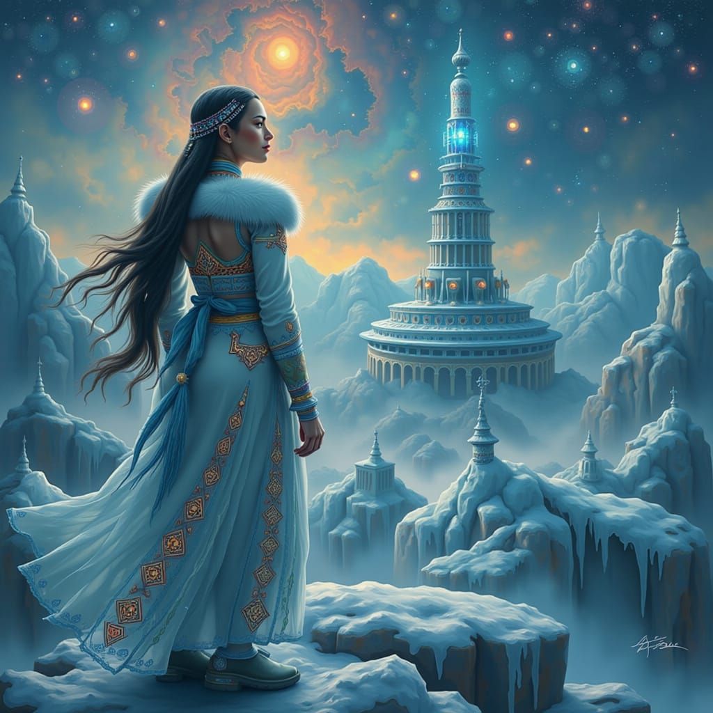 Siberian Princess on Ice Bridge: Dark Fantasy