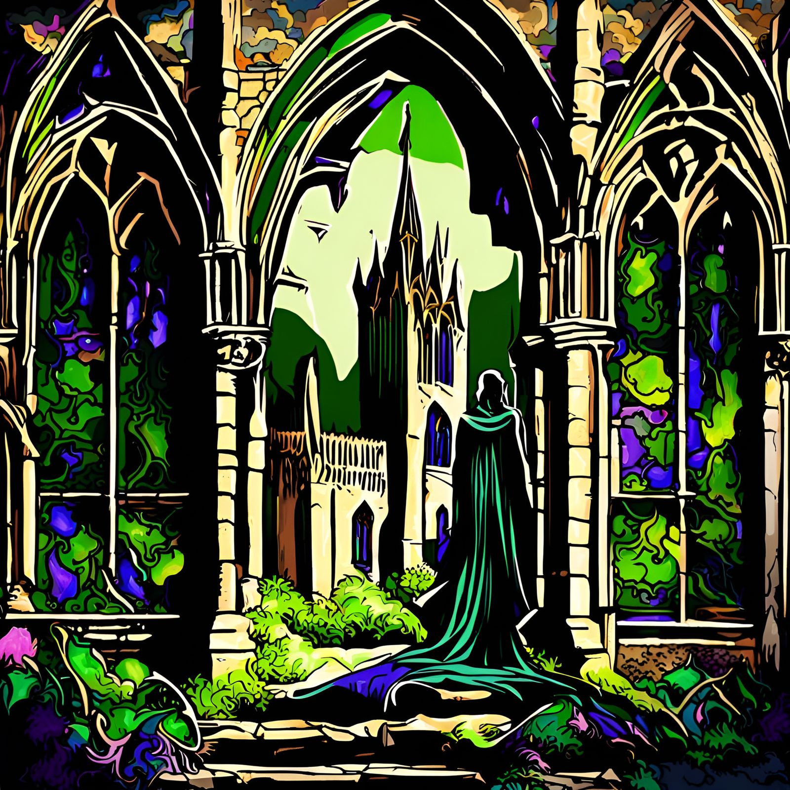 Green Gothic Castle in Moonlight, Detailed Painting