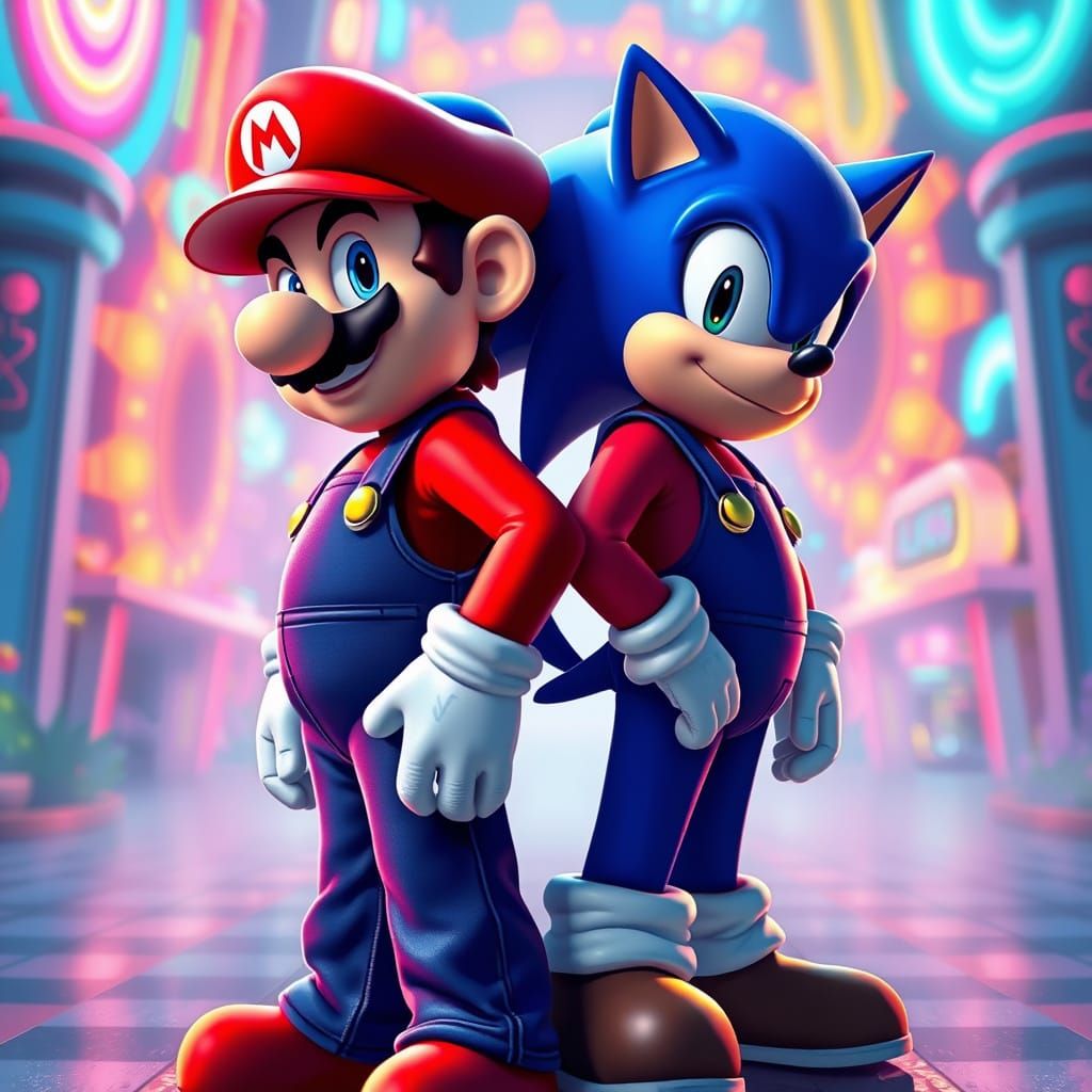 Mario and Sonic in Dreamscape, Neon-Infused Art