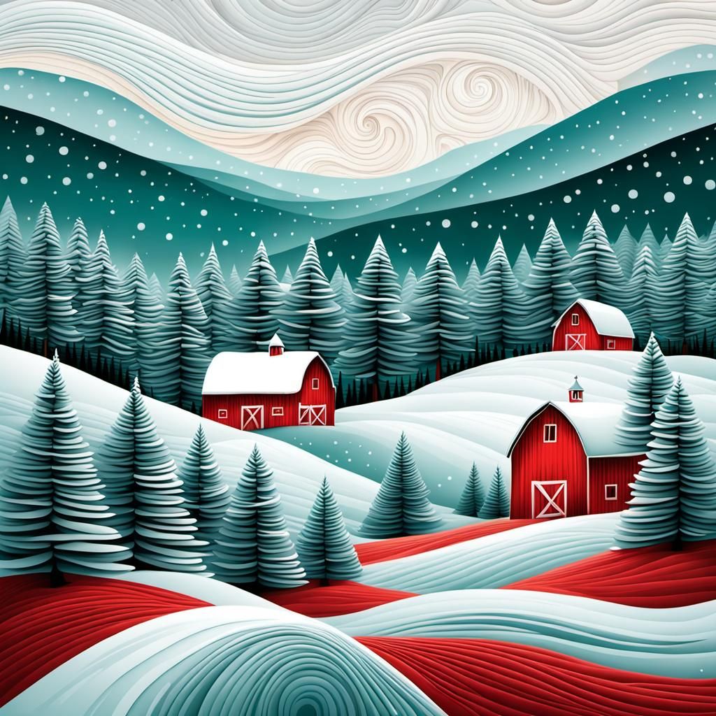 Winter Landscape with Red Barn in Abstract Style