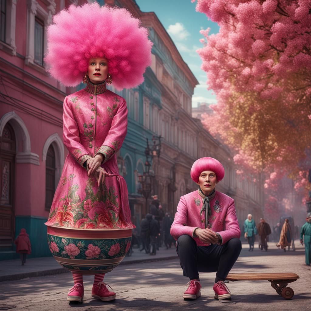 Hyperrealistic Russian Woman with Pink Wig and Skater Boy