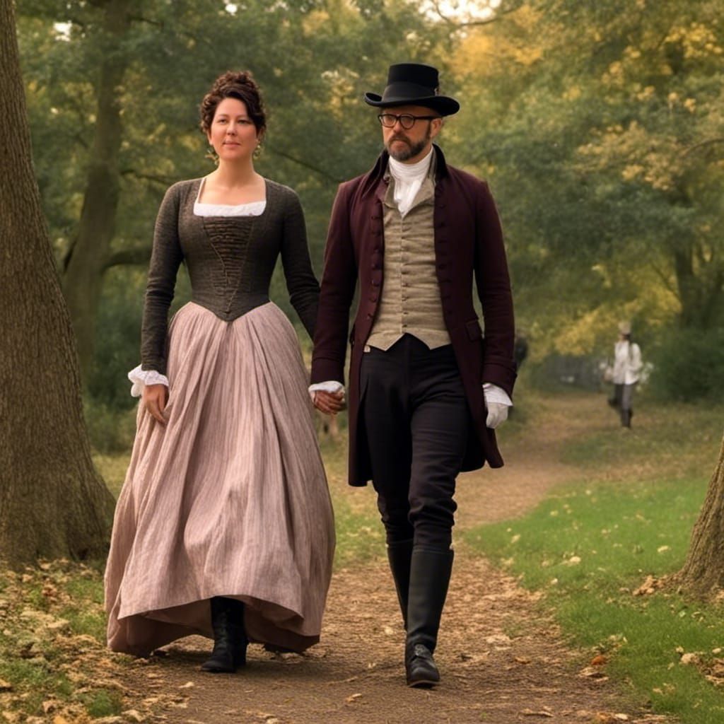 Couple in 1700s Dress Walking in Park