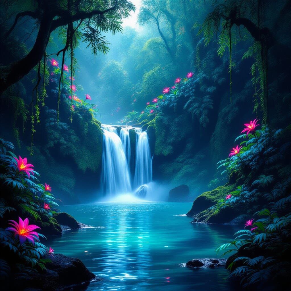Hidden Waterfall in Ancient Jungle with Glowing Flora