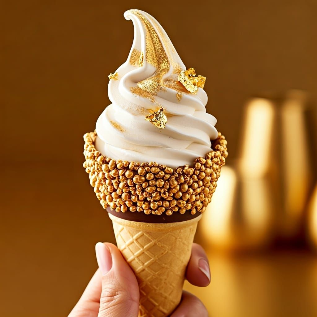 Decadent Gold-Leaf Ice Cream Cone, Luxurious Food Photograph...