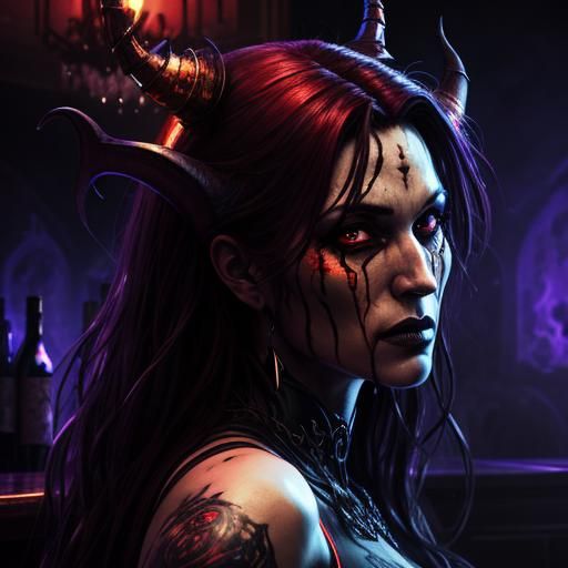 Demonic Temptress in Haunted Bar: Hyperrealistic Splash Art
