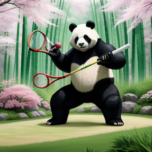 Giant Panda Plays Tennis in Japanese Garden