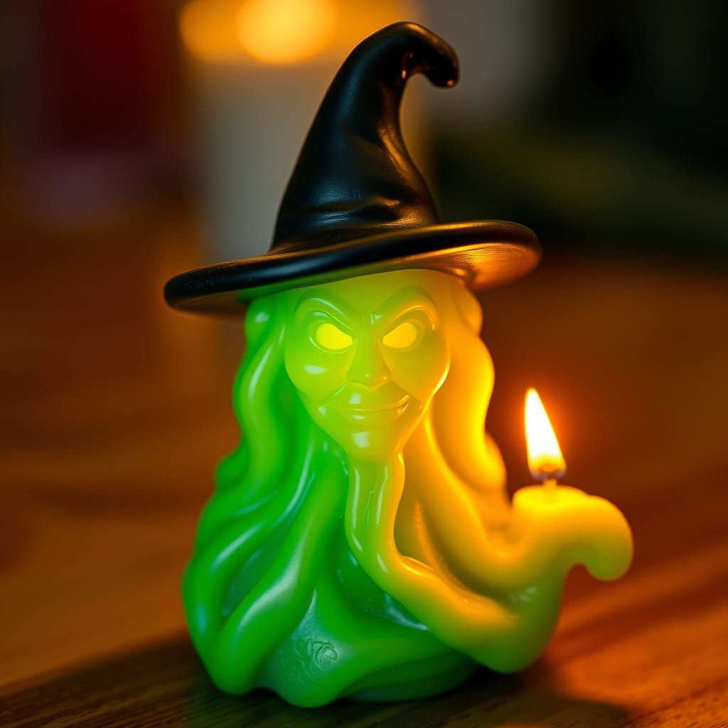A burning candle shaped like the Wicked Witch of the West.