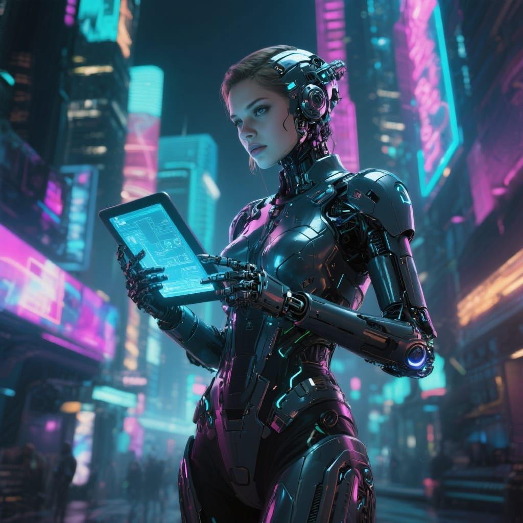 Female Cyborg in Neon Cityscape, Hyperrealistic Sci-Fi Art