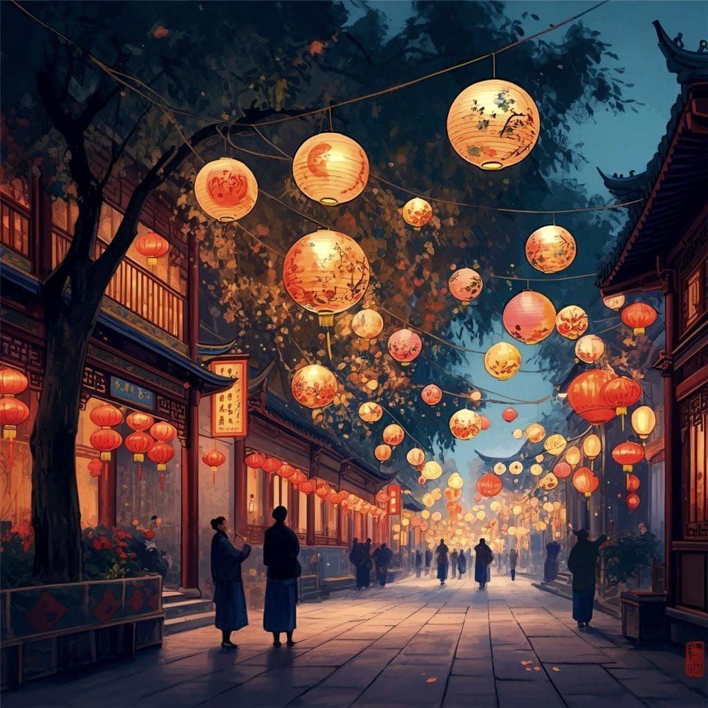 Chinese Mid-Autumn Moon Festival with paper lanterns