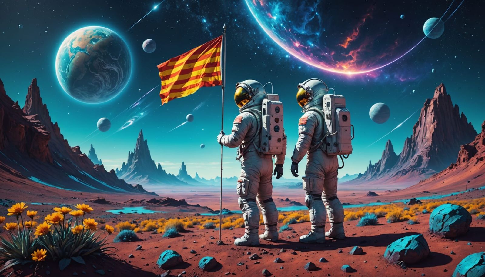 Astronaut Plants Flag on Cosmic Alien Landscape