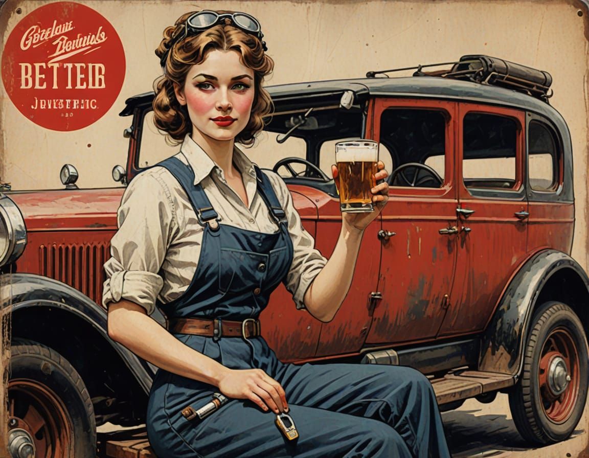 German Mechanic Pin-Up in Grunge Book Cover Style