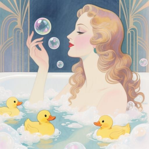 Feminine Woman Playing with Bubbles in Art Deco Style