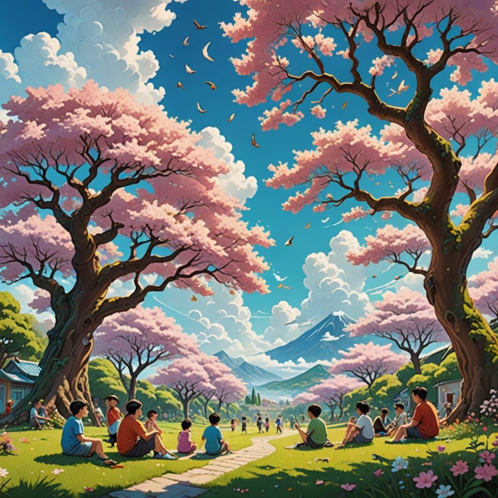 Whimsical Gathering Under Sakura Blooms