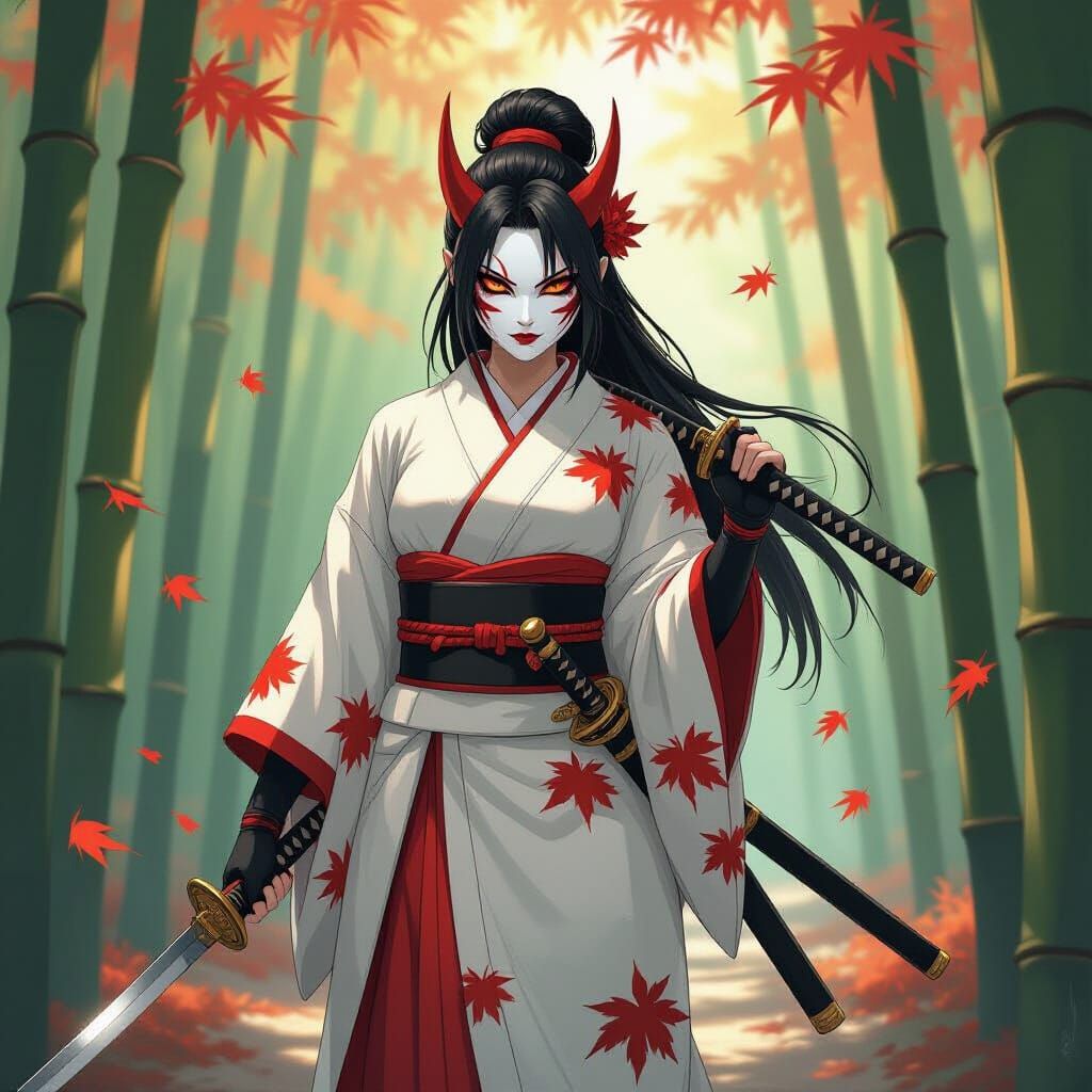 Oni Samurai in Bamboo Forest: Cel-Shaded Anime Style