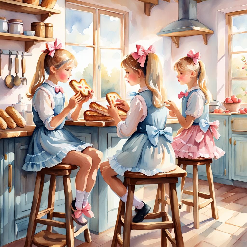 Girls in Kitchen: Soft Watercolor Illustration