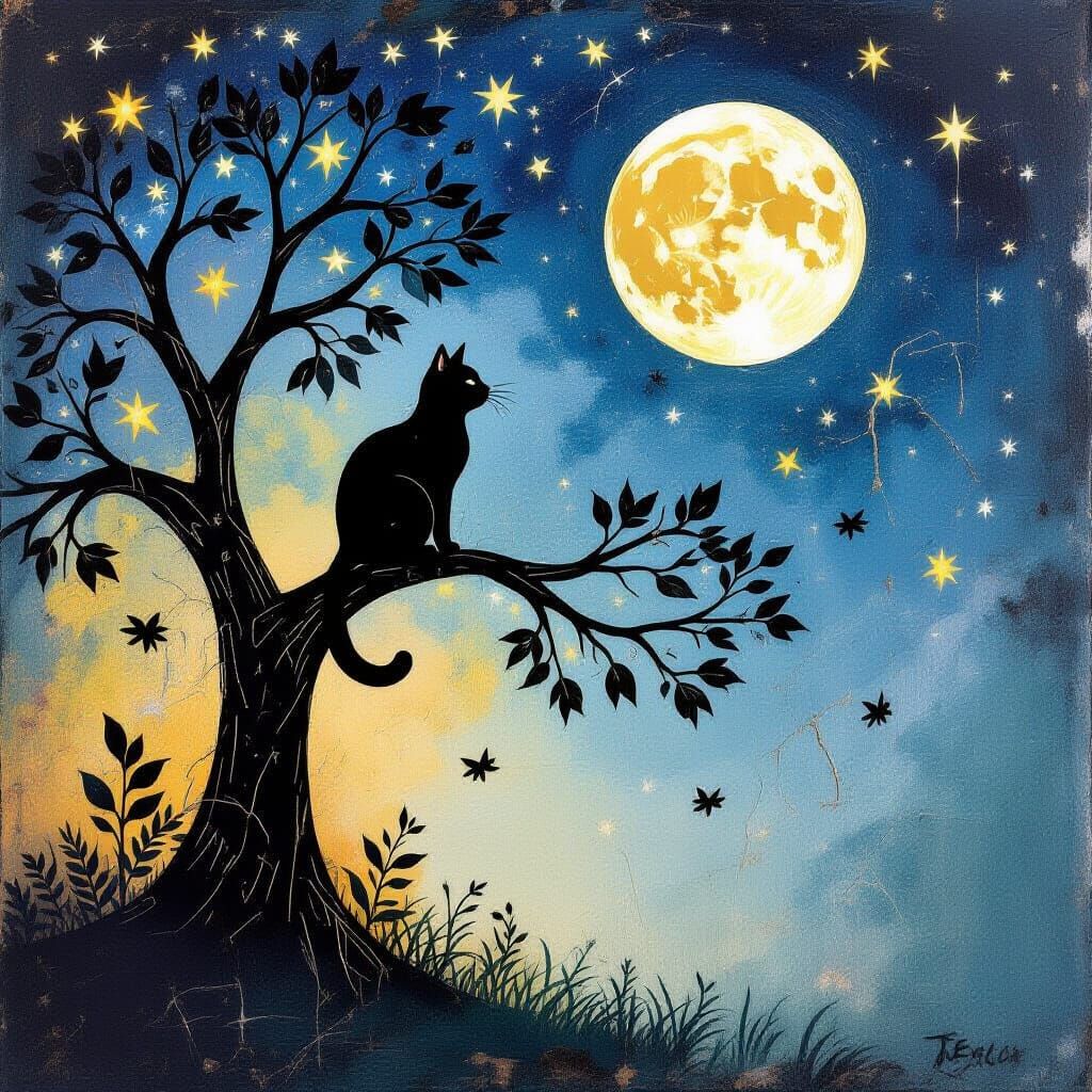 Black Cat Reaching for Moon in Abstract Painting
