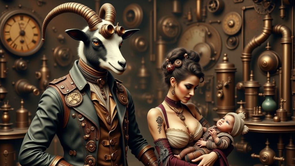 Steampunk Family Portrait with Anthropomorphic Goat
