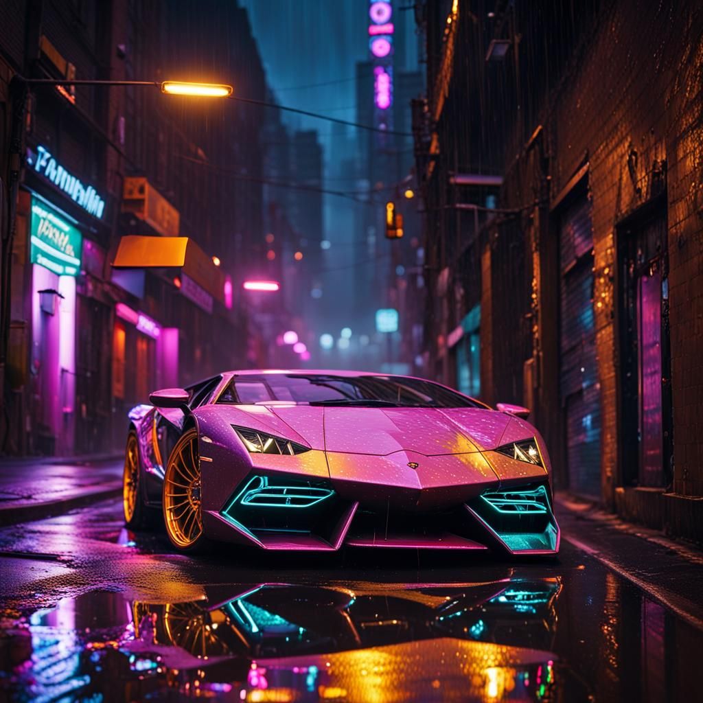 Steampunk Lamborghini in Neon City Alleyway