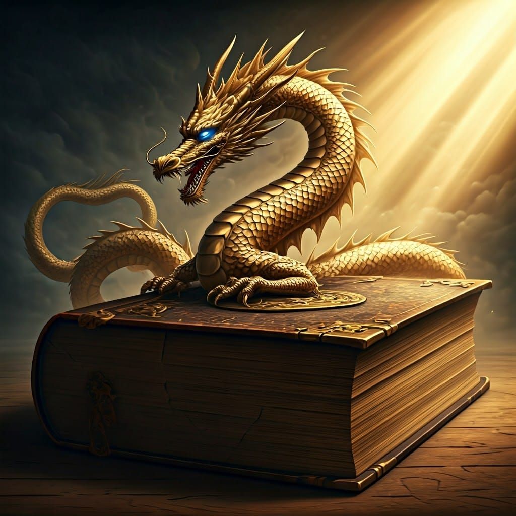 Majestic Chinese Dragon Guards Ancient, Ornate Tome in Gold ...
