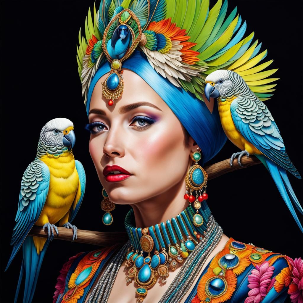Woman with Parrots: Hyperrealistic Portrait